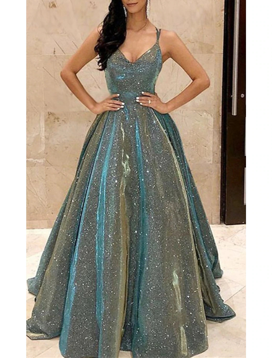 A-Line Prom Dresses Sparkle & Shine Dress Formal Wedding Guest Court Train Sleeveless Spaghetti Strap Sequined with Glitter Sequin